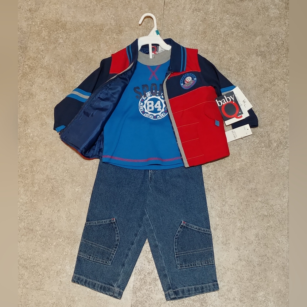 24 month Baby Q “Sports Crew Athletic Dept” 3 piece outfit-vest, jeans, LS shirt - Picture 2 of 6
